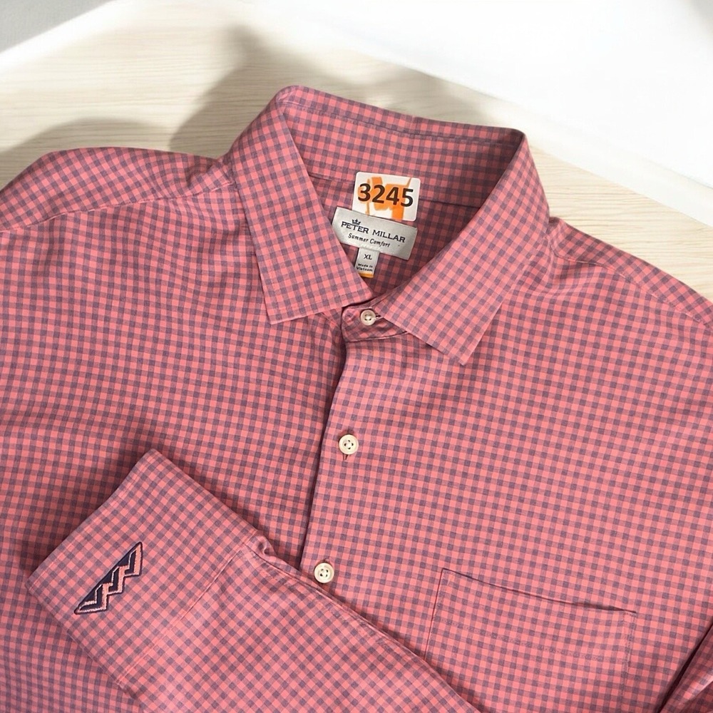 Peter Millar Summer Comfort Shirt Mens XL Blue Pink Plaid Button Down
